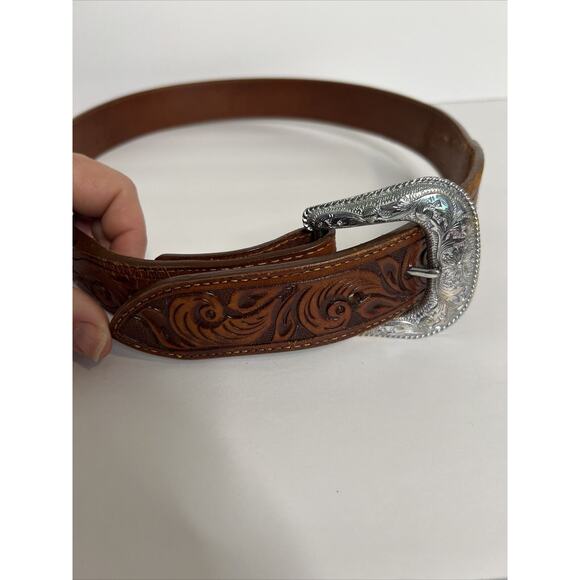 Vintage Nocona Unisex Sz 34 Belt Silver Western Hand Tooled Cowhide Leather main image 6